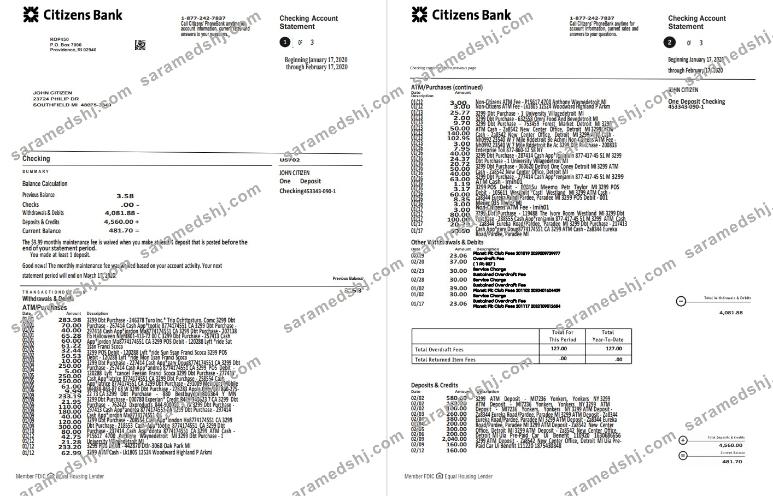 USA Citizens bank statement template in Word and PDF format, (4 pages) good for address prove